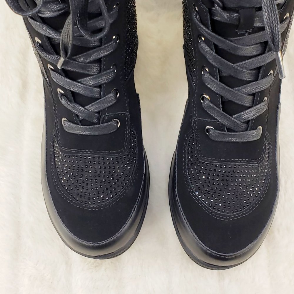 Diva Shine Black Rhinestone Platform Combat Ankle Boots - Picture 9 of 12